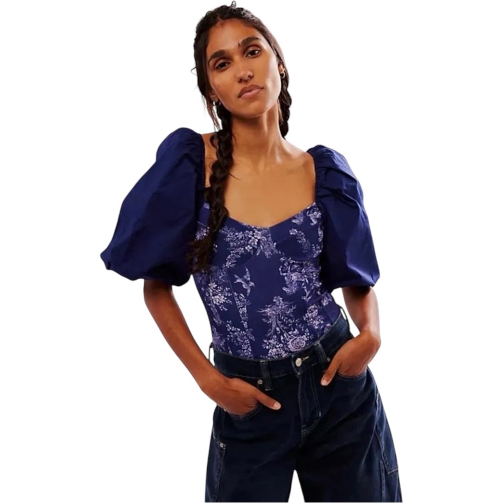 Free People Intimately Prairie Rose Navy Blue Bodysuit Puff Sleeve Boho‎ M New
